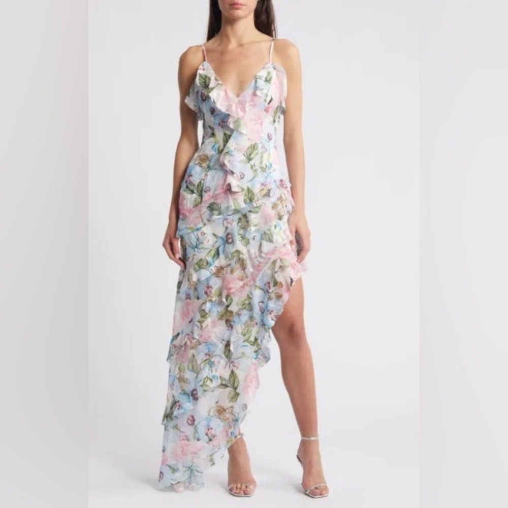 new Elliatt Wilhelmina ruffle asymmetrical floral gown in multicolor pastels